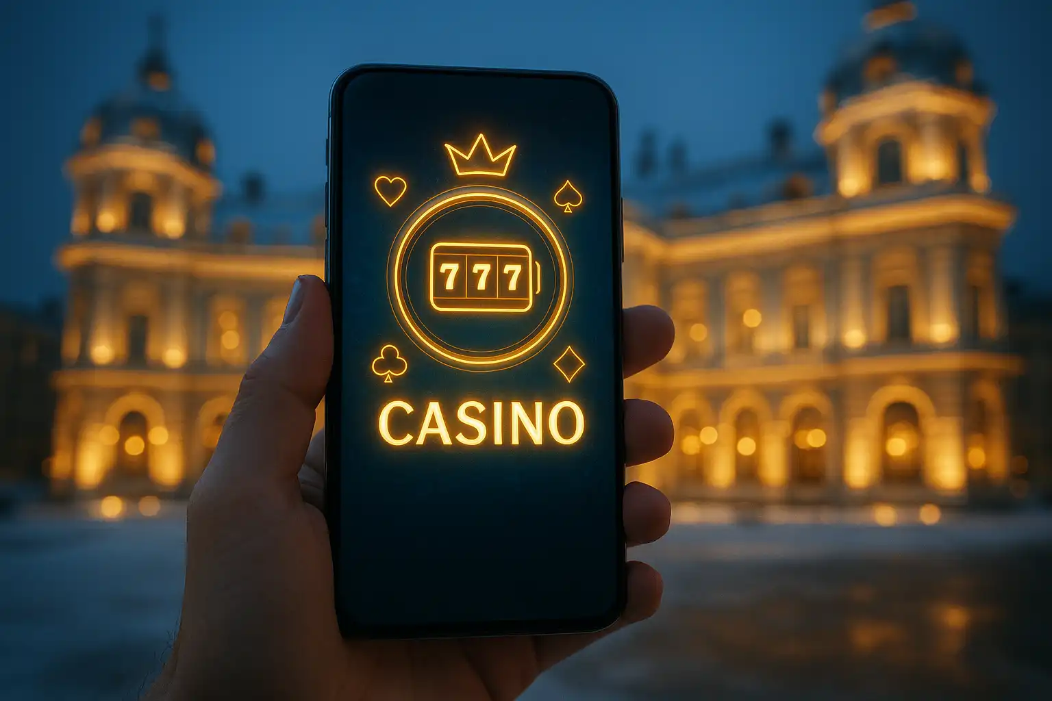 Smartfon z otwartą aplikacją mobilną WinRushGo Kasyno na tle zimowego pałacu